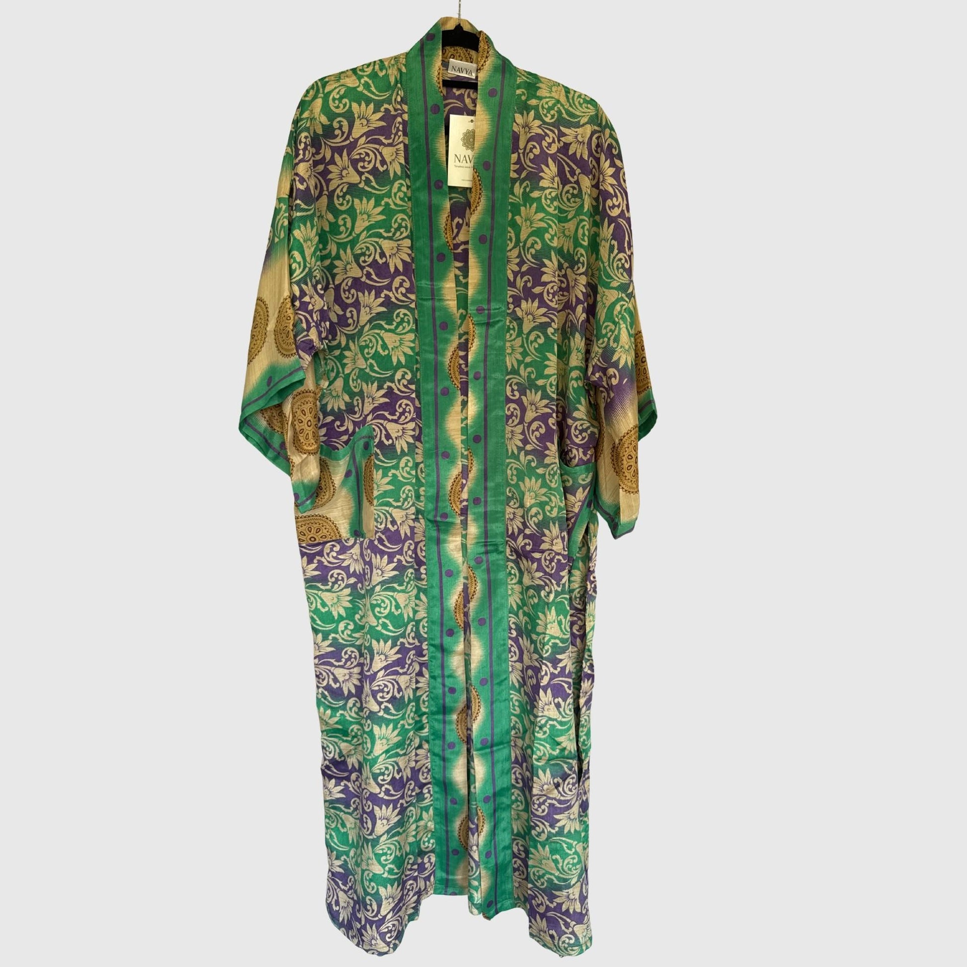 Upcycled Kimono Lang #1328 aus Vintage-Sari in Grün & Türkis – Vorderansicht