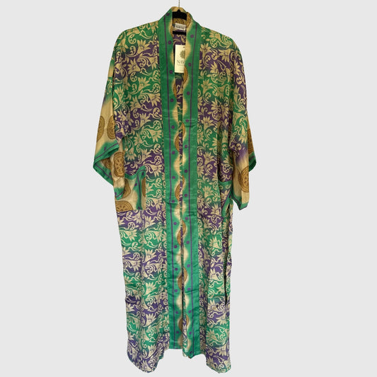 Upcycled Kimono Lang #1328 aus Vintage-Sari in Grün & Türkis – Vorderansicht