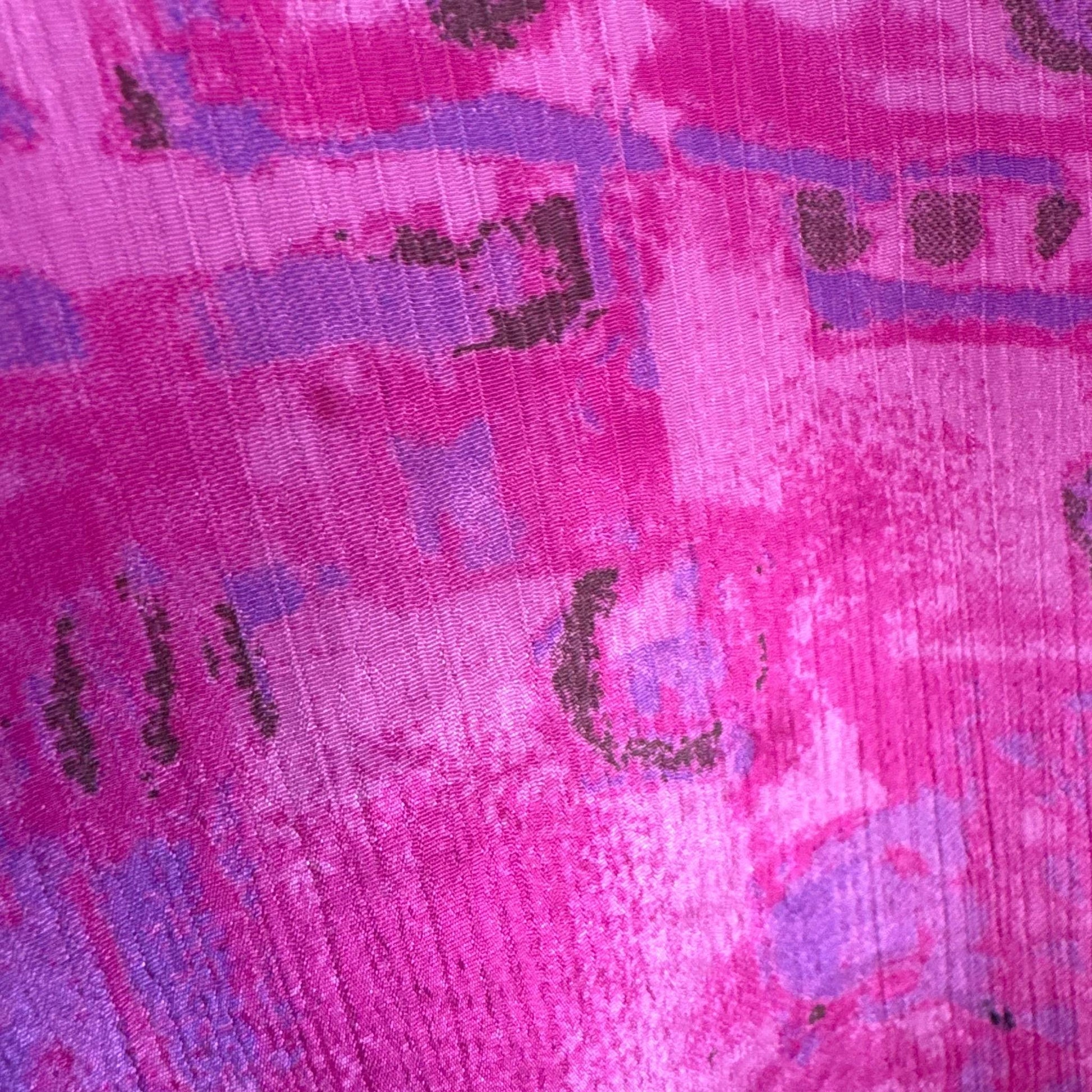 Upcycled Kimono Lang #1333 aus Vintage-Sari in Magenta & Grün – Detailansicht