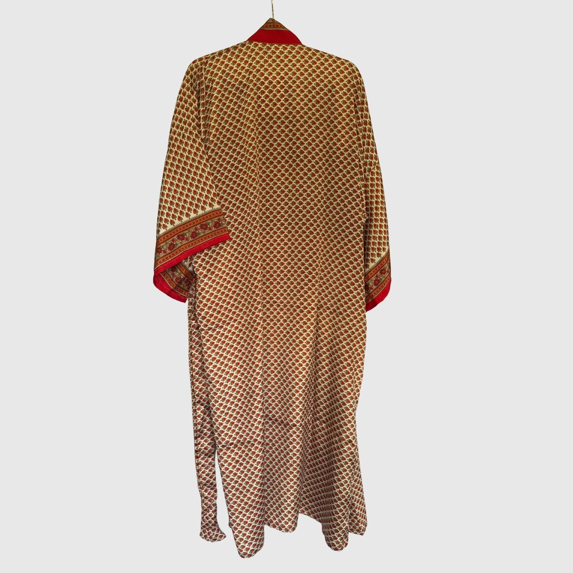 Upcycled Kimono Lang #1335 aus Vintage-Sari in Orange & Braun – Rückansicht