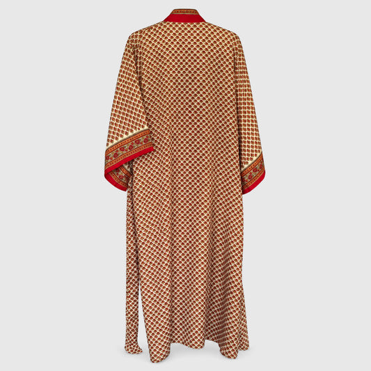 Upcycled Kimono Lang #1335 aus Vintage-Sari in Orange & Braun – Rückansicht