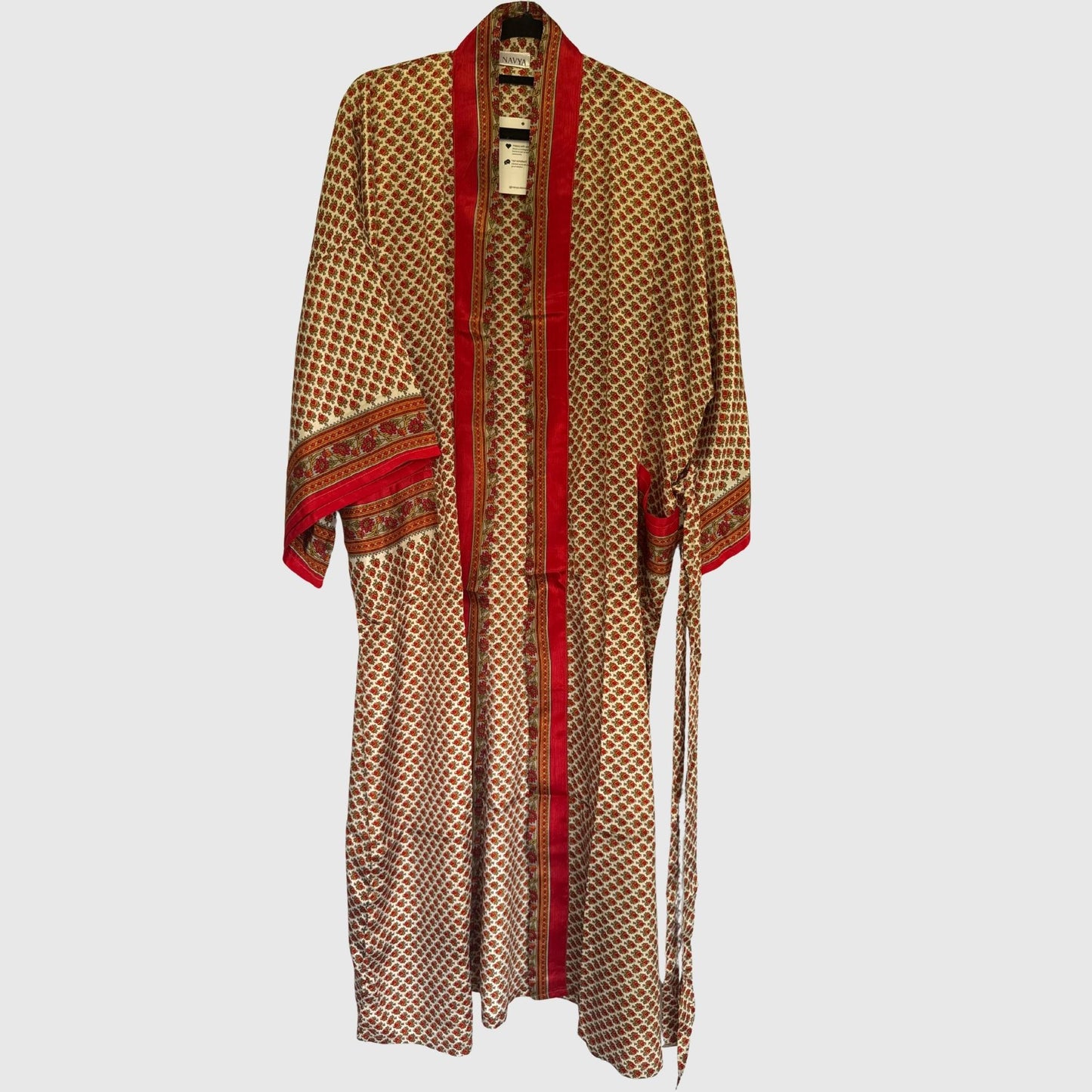 Upcycled Kimono Lang #1335 aus Vintage-Sari in Orange & Braun – Vorderansicht