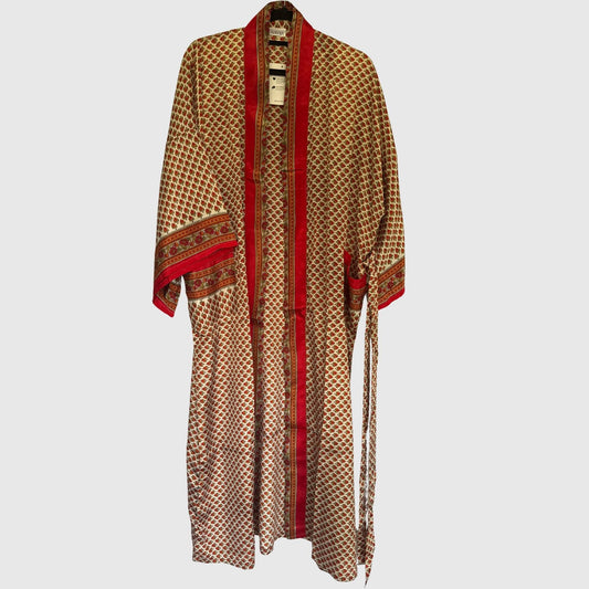 Upcycled Kimono Lang #1335 aus Vintage-Sari in Orange & Braun – Vorderansicht