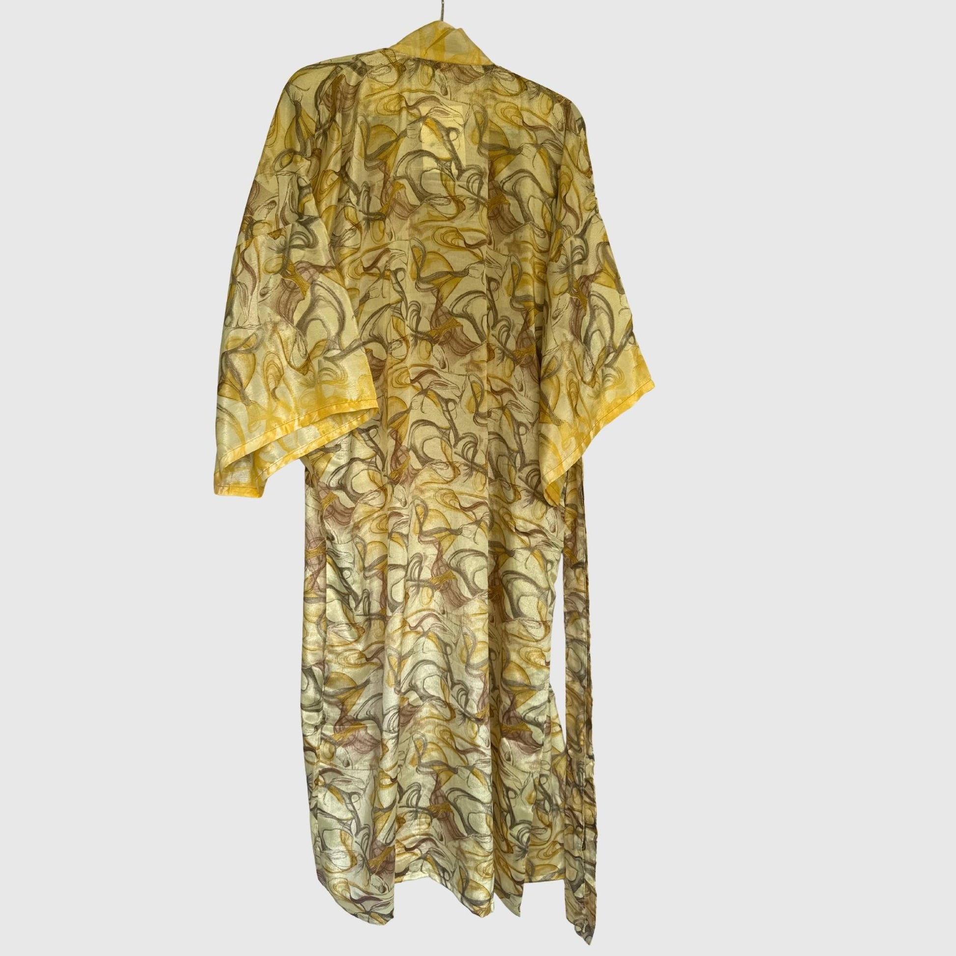 Upcycled Kimono Lang #1338 aus Vintage-Sari in Gold – Rückansicht