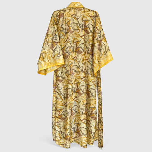 Upcycled Kimono Lang #1338 aus Vintage-Sari in Gold – Rückansicht