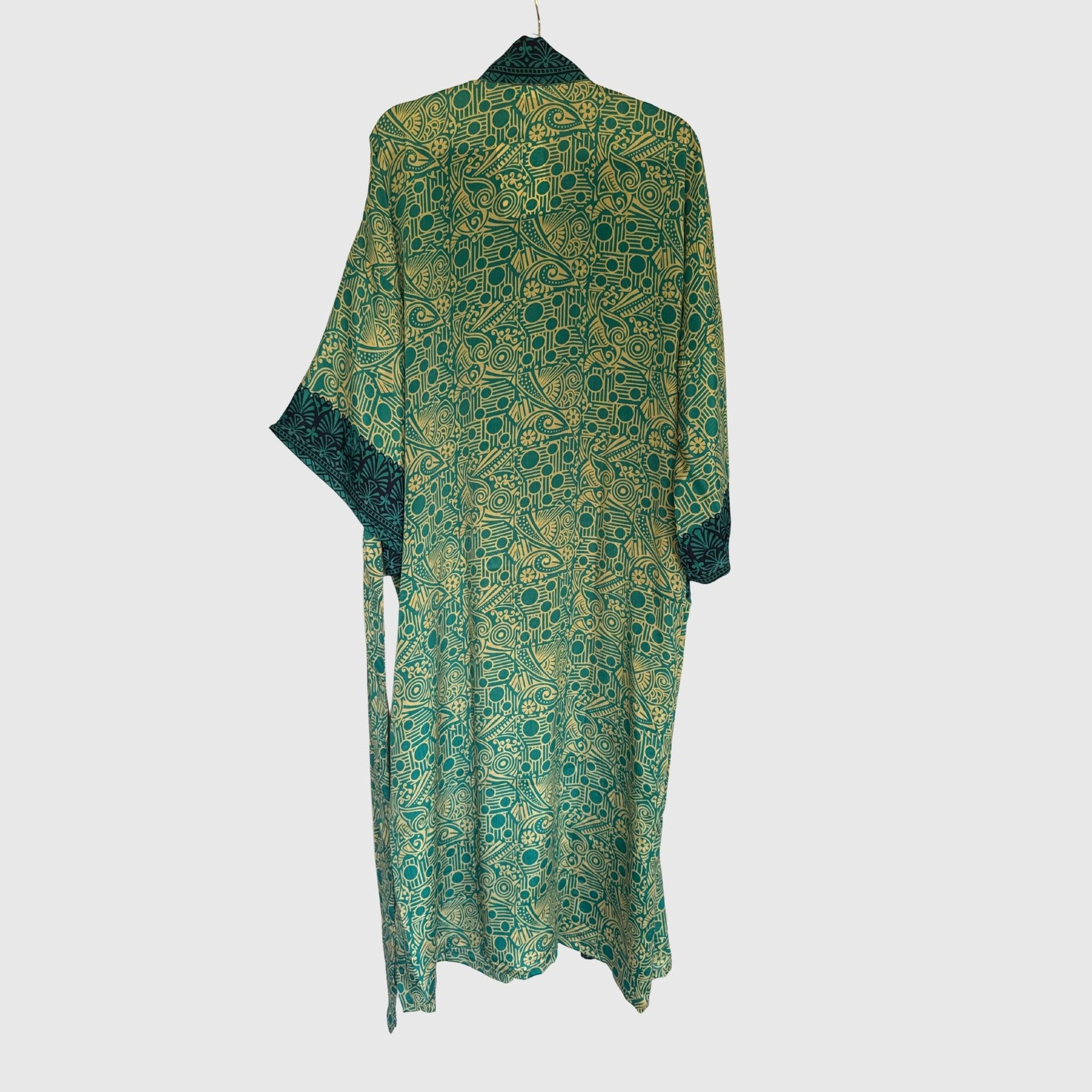 Upcycled Kimono Lang #1342 aus Vintage-Sari in Grün & Türkis – Rückansicht