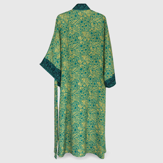 Upcycled Kimono Lang #1342 aus Vintage-Sari in Grün & Türkis – Rückansicht