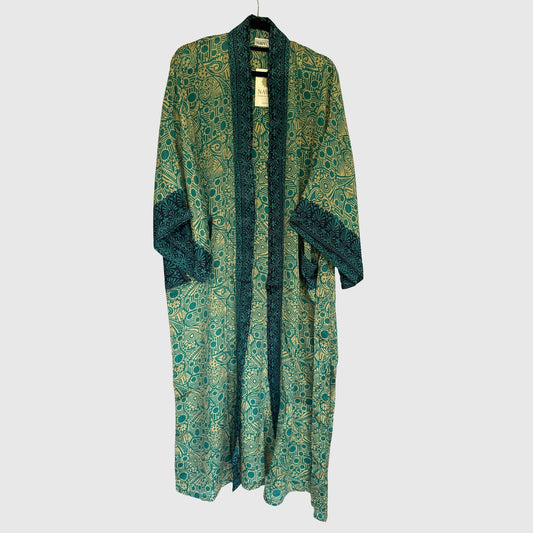 Upcycled Kimono Lang #1342 aus Vintage-Sari in Grün & Türkis – Vorderansicht