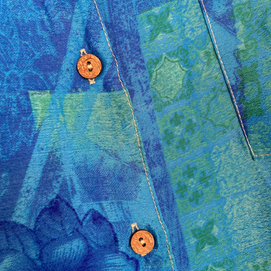 Upcycled Lounge Wear Set #1540 aus Vintage-Sari in Blau & Beige – Detailansicht