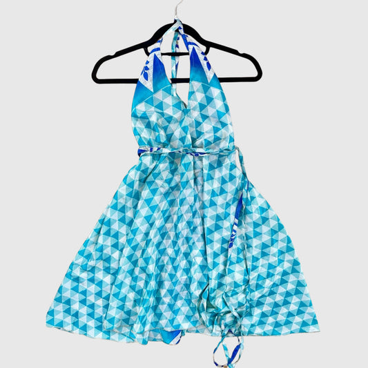 Kurzes Magic Scarf Dress aus upcyceltem Sari in Türkis, Vorderansicht