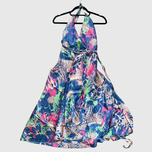 Langes Magic Scarf Dress aus upcyceltem Sari in Grau, Vorderansicht