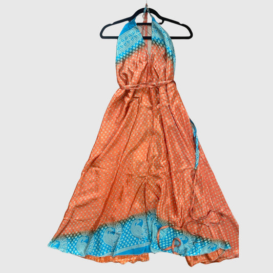 Langes Magic Scarf Dress aus upcyceltem Sari in Orange, Vorderansicht