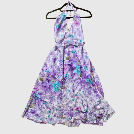 Langes Magic Scarf Dress aus upcyceltem Sari in Lila, Vorderansicht