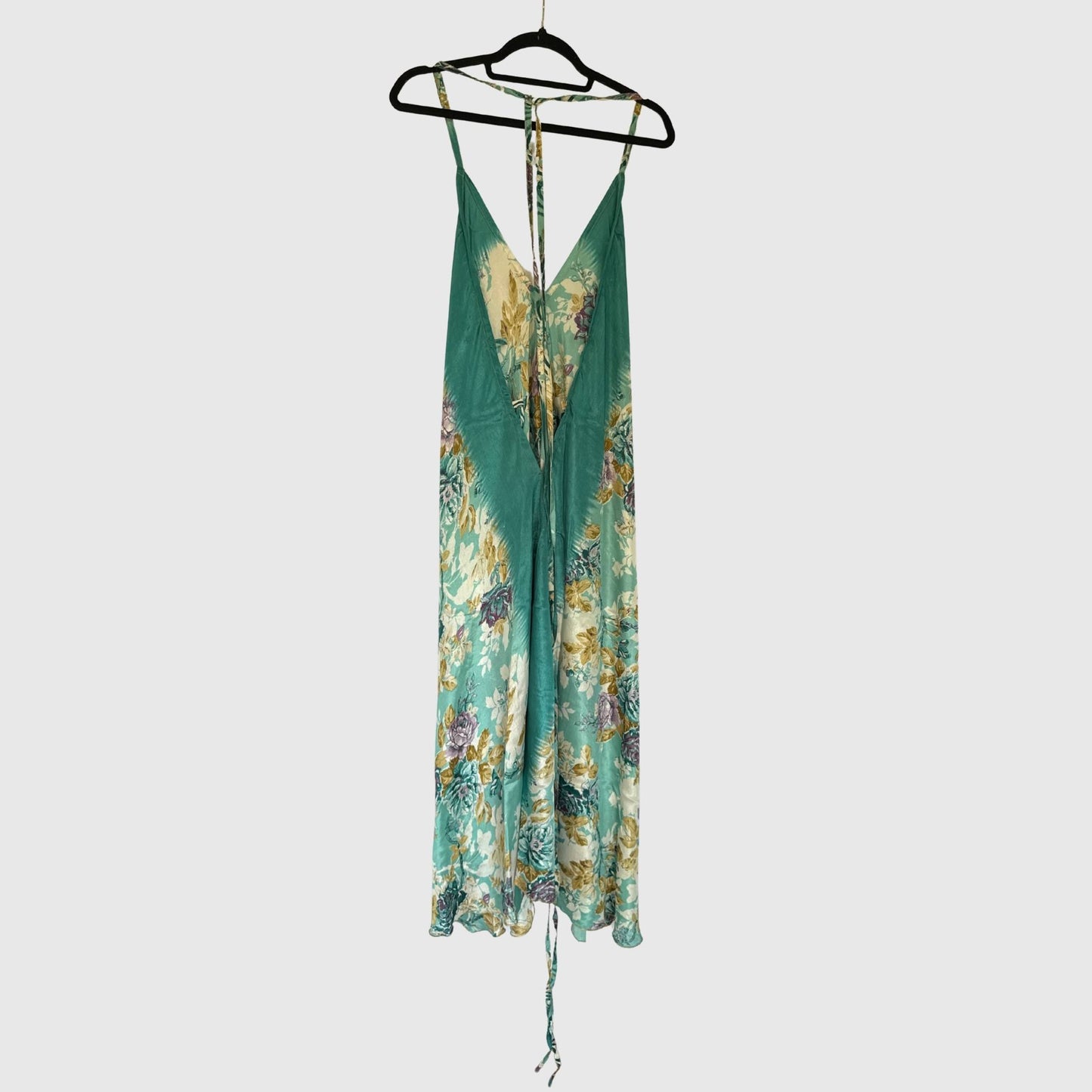 Upcycled Magic Scarf Dress Lang #724 aus Vintage-Sari in Türkis – Rückansicht