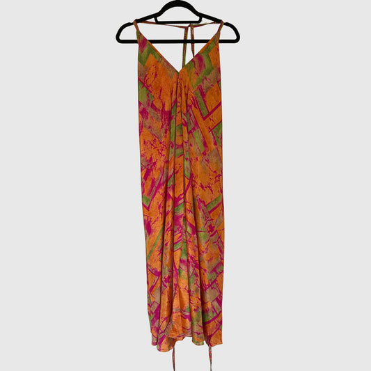 Upcycled Magic Scarf Dress Lang #741 aus Vintage-Sari in Orange & Braun – Vorderansicht