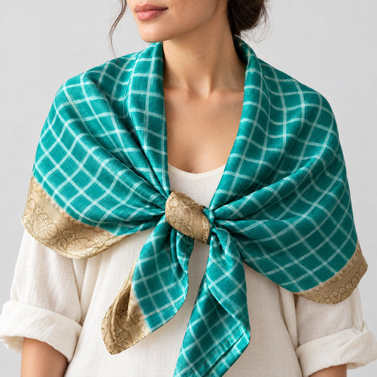 Upcycled Sari-Tuch XL #1208 aus Vintage-Sari in Türkis & Silber – als Schultertuch getragen