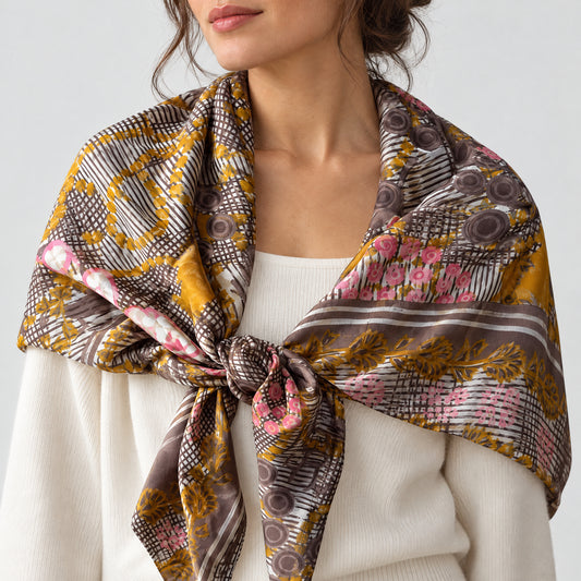Upcycled Sari-Tuch XL #1211 aus Vintage-Sari in Braun & Beige – als Schultertuch getragen