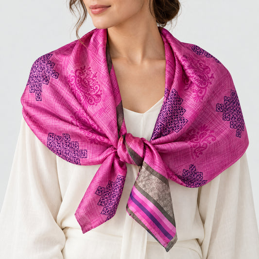 Upcycled Sari-Tuch XL #1218 aus Vintage-Sari in Pink – als Schultertuch getragen