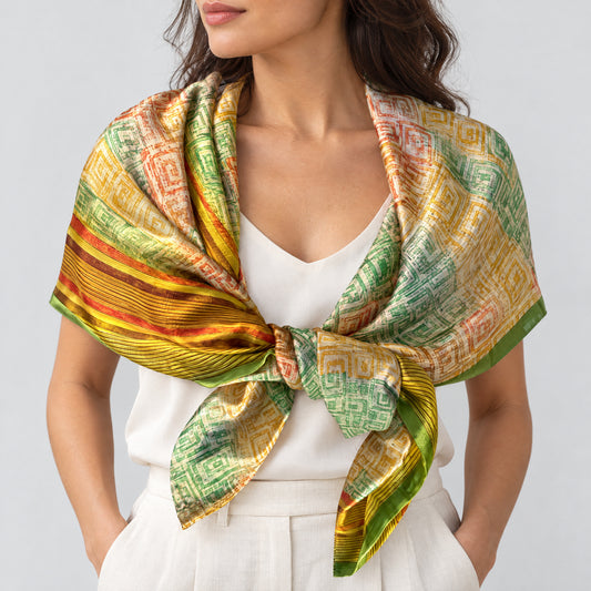 Upcycled Sari-Tuch XL #1229 aus Vintage-Sari in Türkis & Grau – als Schultertuch getragen