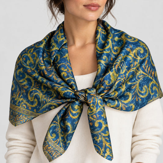 Upcycled Sari-Tuch XL #1232 aus Vintage-Sari in Blau & Gold – als Schultertuch getragen