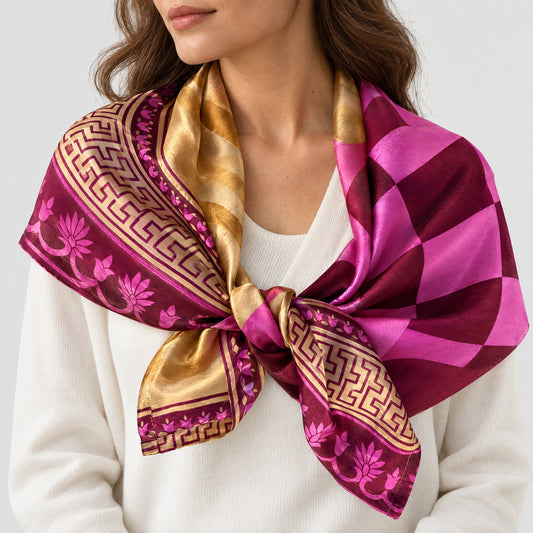 Upcycled Sari-Tuch XL #1238 aus Vintage-Sari in Magenta & Orange – als Schultertuch getragen