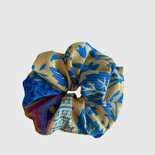 Upcycled Scrunchie #1019 aus Vintage-Sari in Blau & Braun