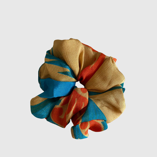 Upcycled Scrunchie #1023 aus Vintage-Sari in Braun & Gold