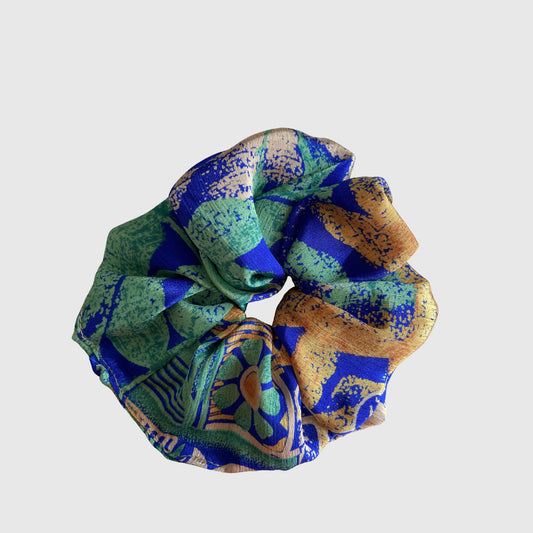 Upcycled Scrunchie #1039 aus Vintage-Sari in Grün & Blau