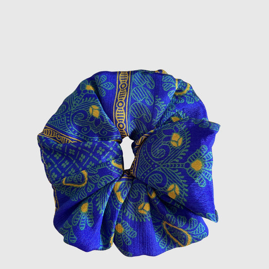Upcycled Scrunchie #1041 aus Vintage-Sari in Blau & Schwarz