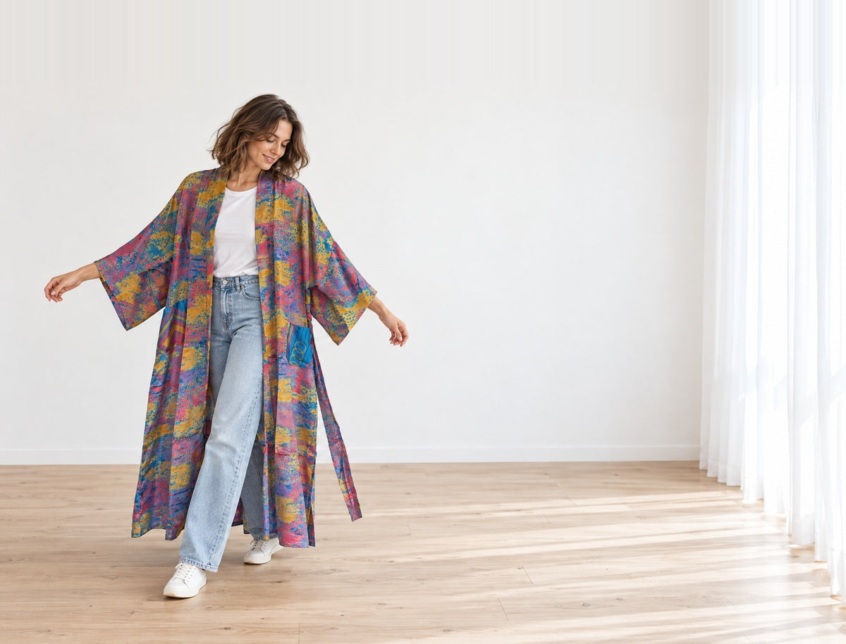 Frau trägt bunten langen Kimono aus Vintage-Sari offen über weißem T-Shirt und Jeans