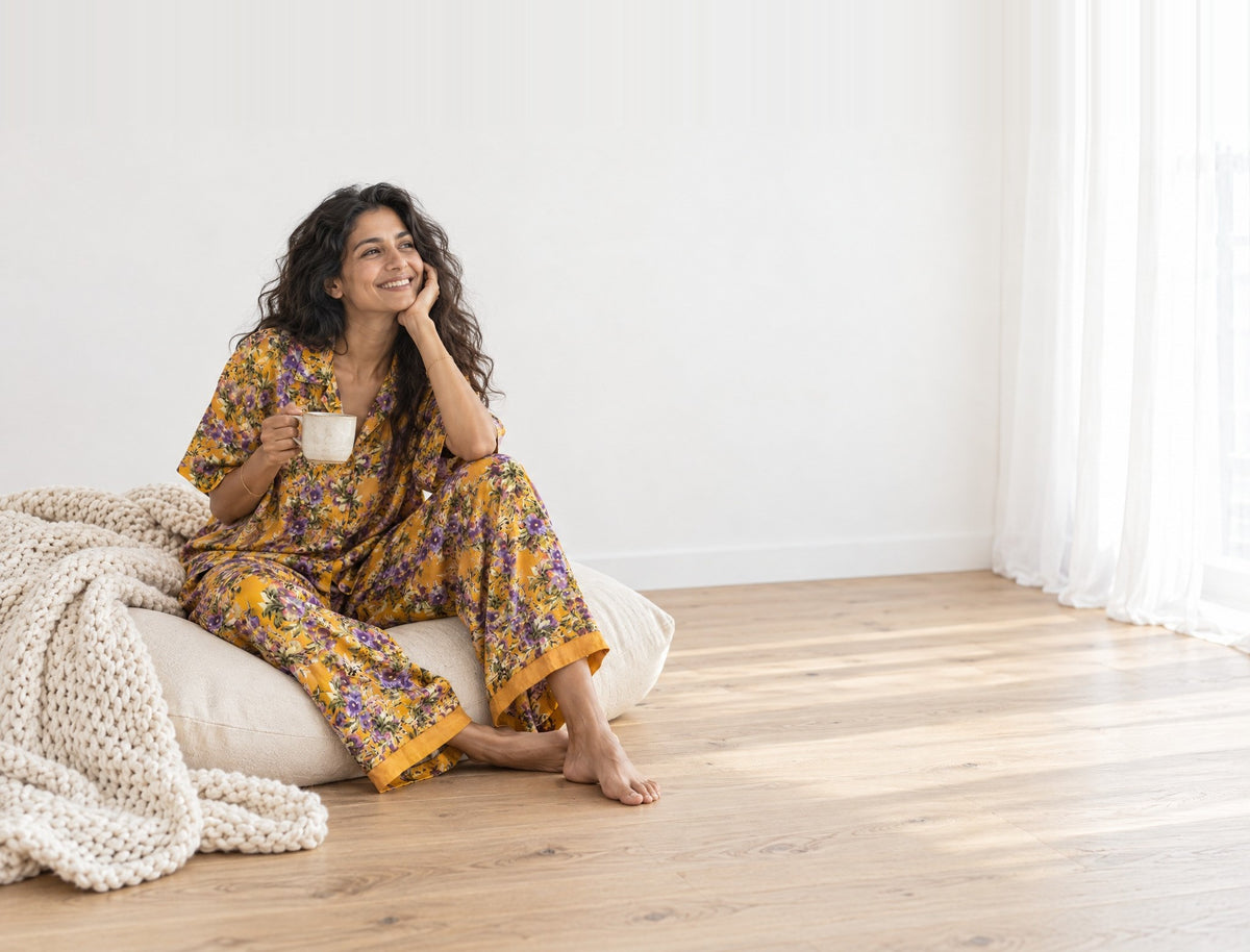 Frau sitzt im orange-lila Lounge Wear Set aus Vintage-Sari mit Tee auf einem Bodenkissen