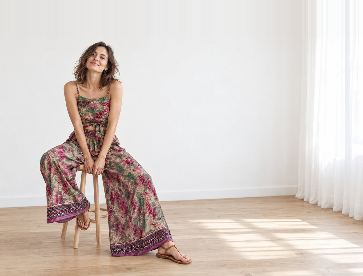Frau sitzt auf Holzhocker im Wickeltop-und-Palazzo-Hose-Set aus Vintage-Sari