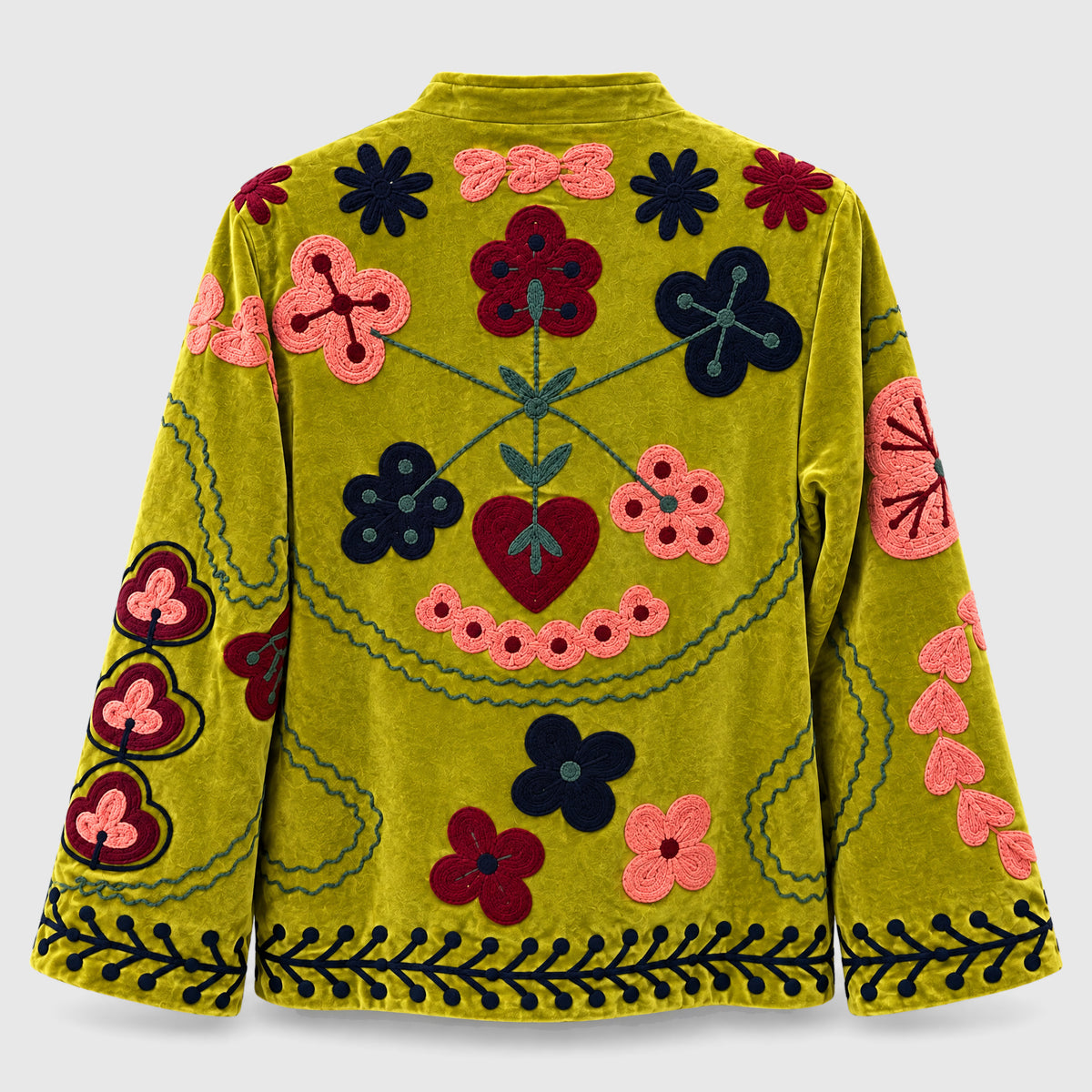 Suzani Velvet Jacket #02 Olive Garden – Rückansicht mit Stickerei