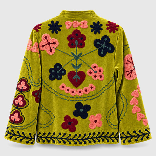 Suzani Velvet Jacket #02 Olive Garden – Rückansicht mit Stickerei