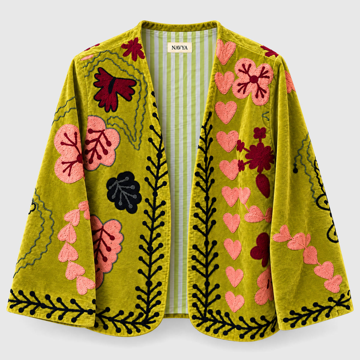 Suzani Velvet Jacket #02 Olive Garden – Samtjacke mit Kettenstich-Stickerei, Vorderansicht