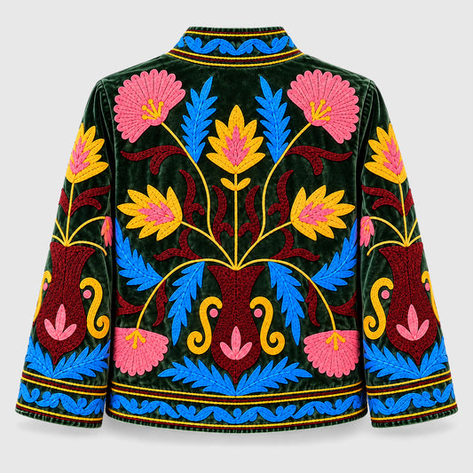 Suzani Velvet Jacket #03 Forest Lotus – Rückansicht mit Stickerei