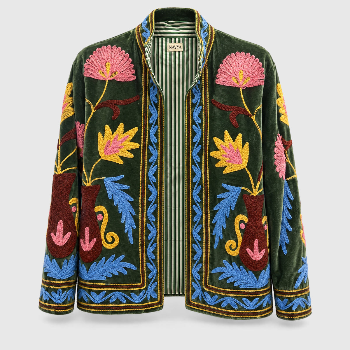 Suzani Velvet Jacket #03 Forest Lotus – Samtjacke mit Kettenstich-Stickerei, Vorderansicht