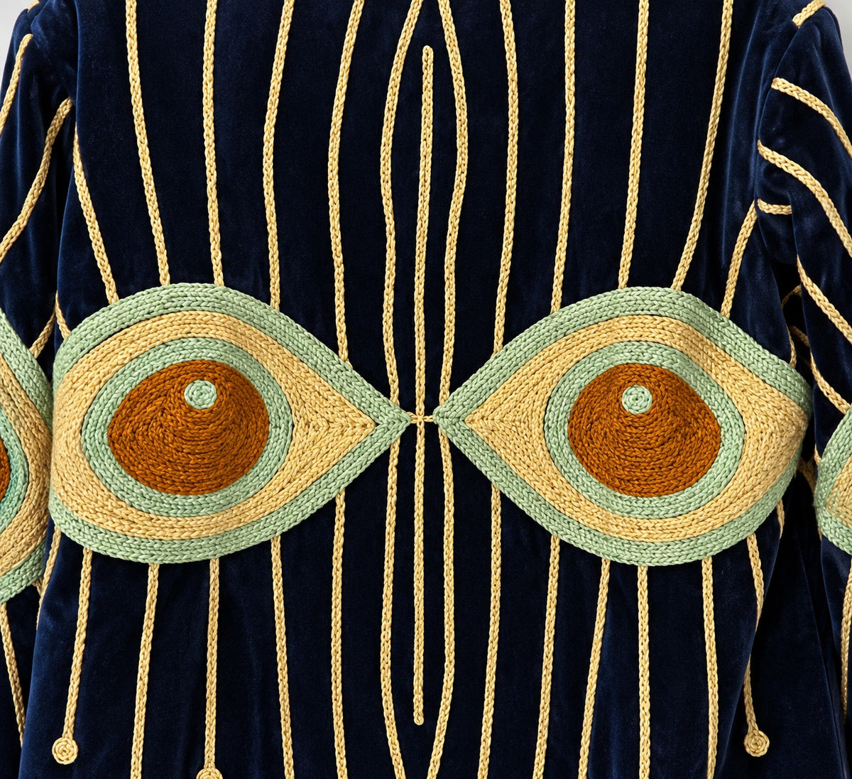 Suzani Velvet Jacket #04 Navy Eye – Detail der Kettenstich-Stickerei