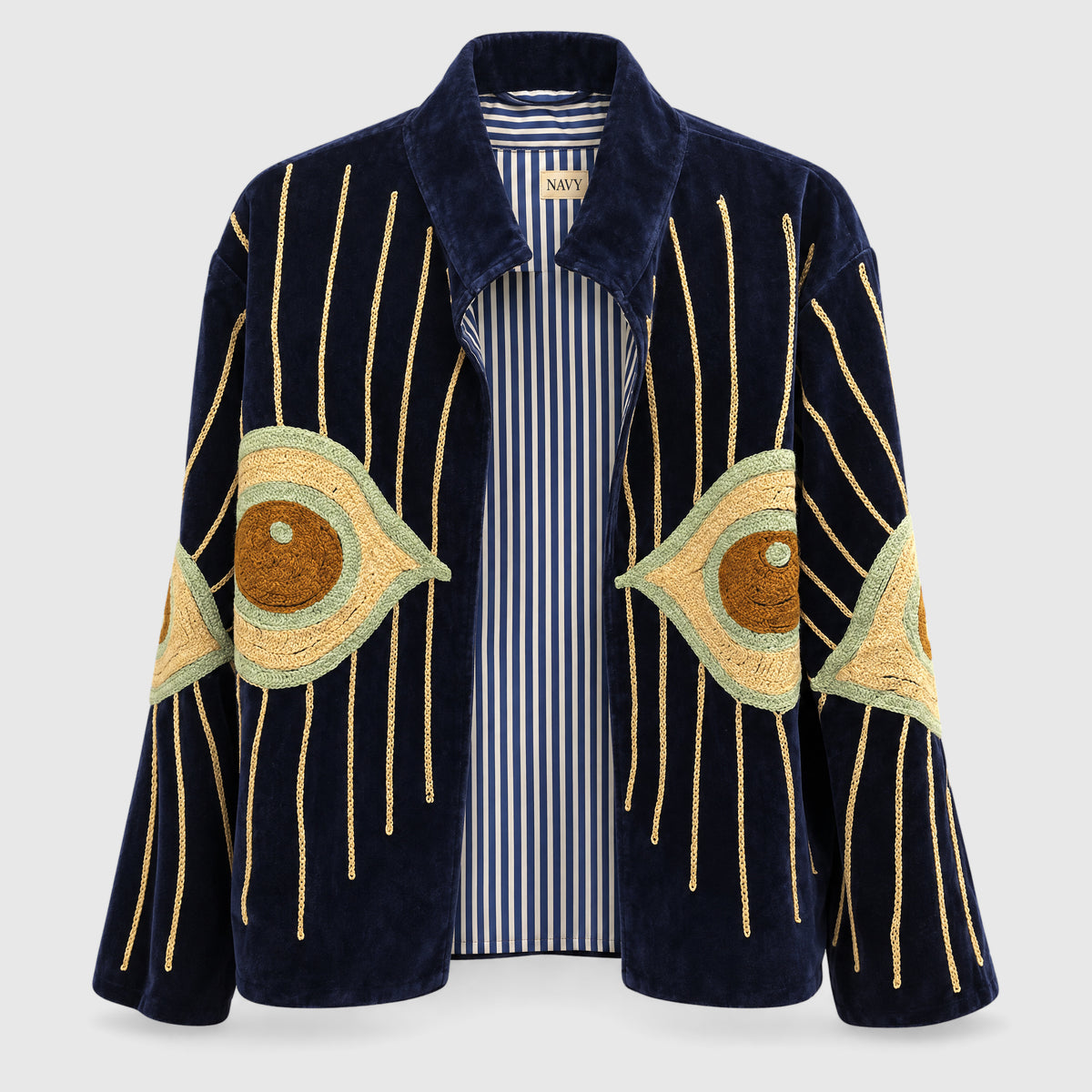 Suzani Velvet Jacket #04 Navy Eye – Samtjacke mit Kettenstich-Stickerei, Vorderansicht