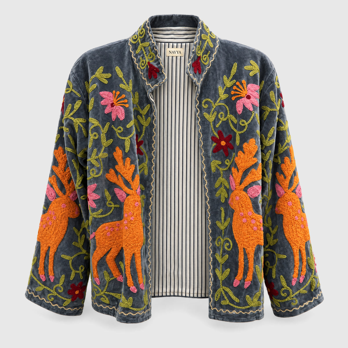 Suzani Velvet Jacket #05 Deer Meadow – Samtjacke mit Kettenstich-Stickerei, Vorderansicht
