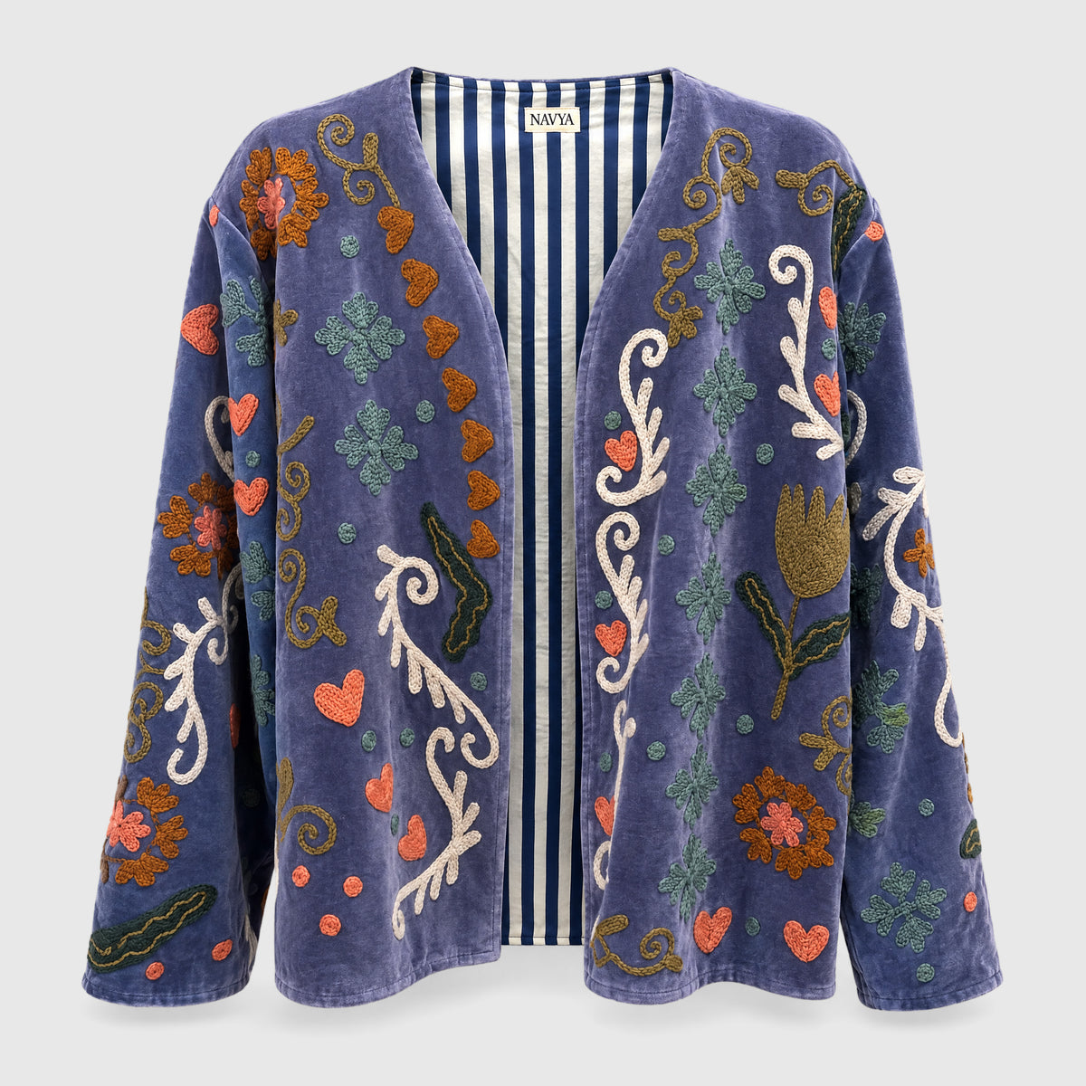 Suzani Velvet Jacket #07 Lavender Peacock – Samtjacke mit Kettenstich-Stickerei, Vorderansicht