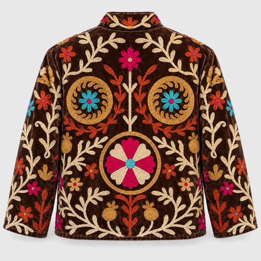 Suzani Velvet Jacket #09 Brown Rosette – Rückansicht mit Stickerei