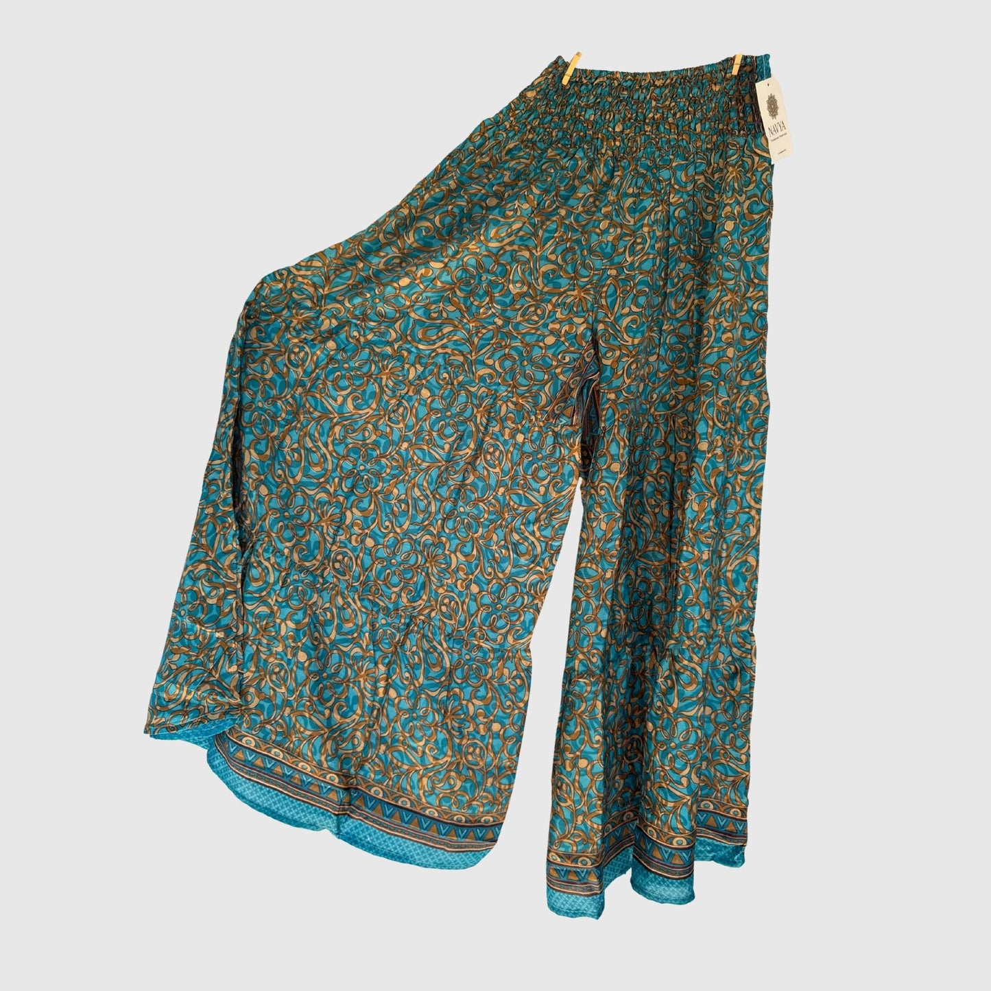 Upcycled Tiered Palazzo Pants #1096 aus Vintage-Sari in Braun & Türkis – Vorderansicht