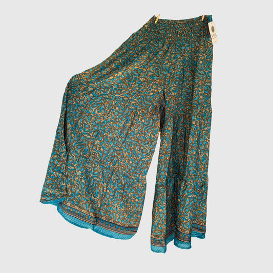 Upcycled Tiered Palazzo Pants #1096 aus Vintage-Sari in Braun & Türkis – Vorderansicht
