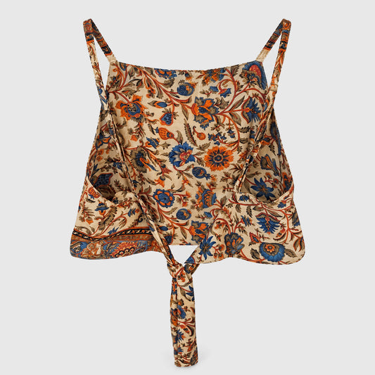 Upcycled Cropped Wickeltop #756 aus Vintage-Sari in Orange und Blau – Rückansicht