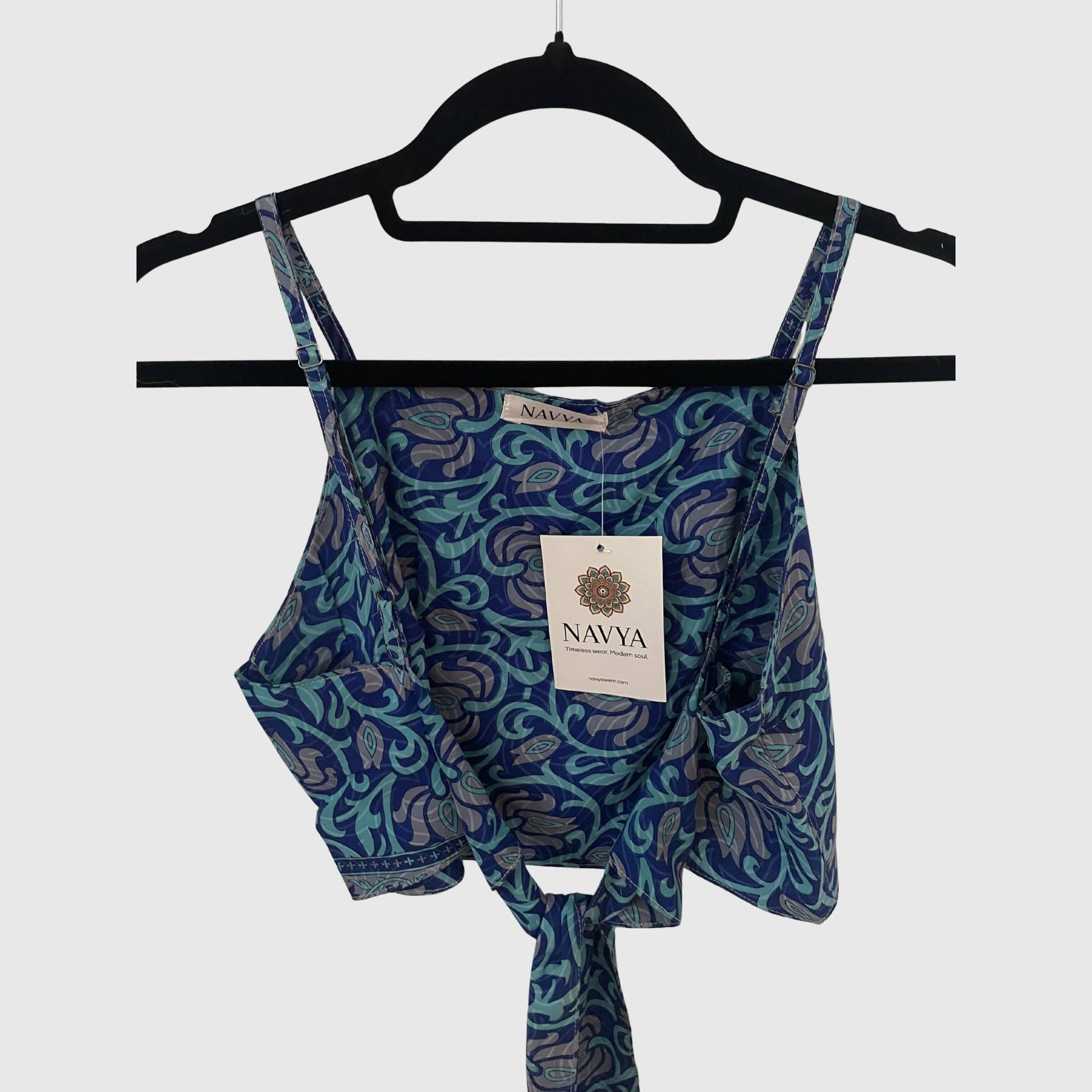 Upcycled Cropped Wickeltop #757 aus Vintage-Sari in Blau – Rückansicht