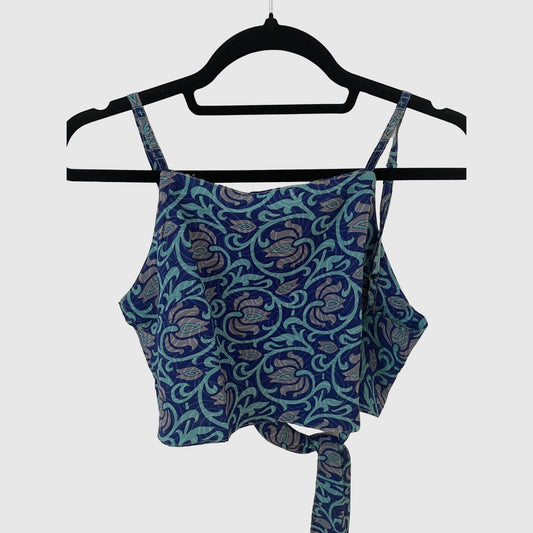 Upcycled Cropped Wickeltop #757 aus Vintage-Sari in Blau – Vorderansicht