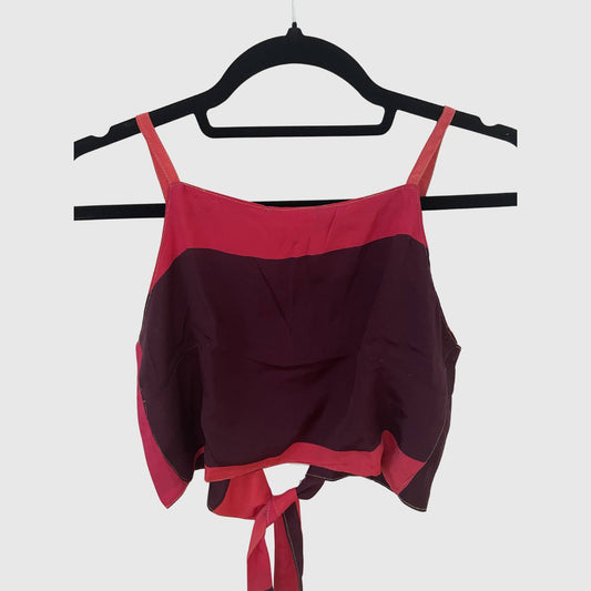 Upcycled Cropped Wickeltop #759 aus Vintage-Sari in Pink – Vorderansicht