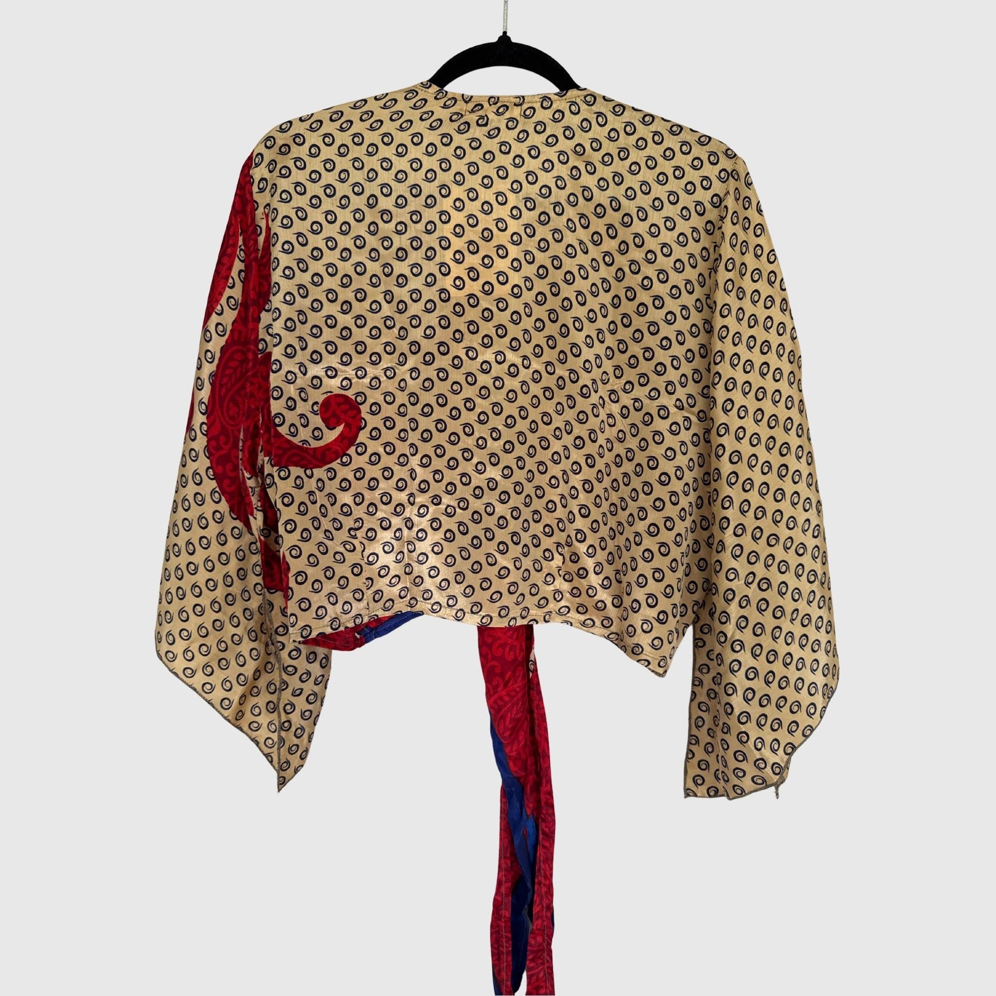 Upcycled Wickelbluse #925 aus Vintage-Sari in Beige & Braun – Rückansicht
