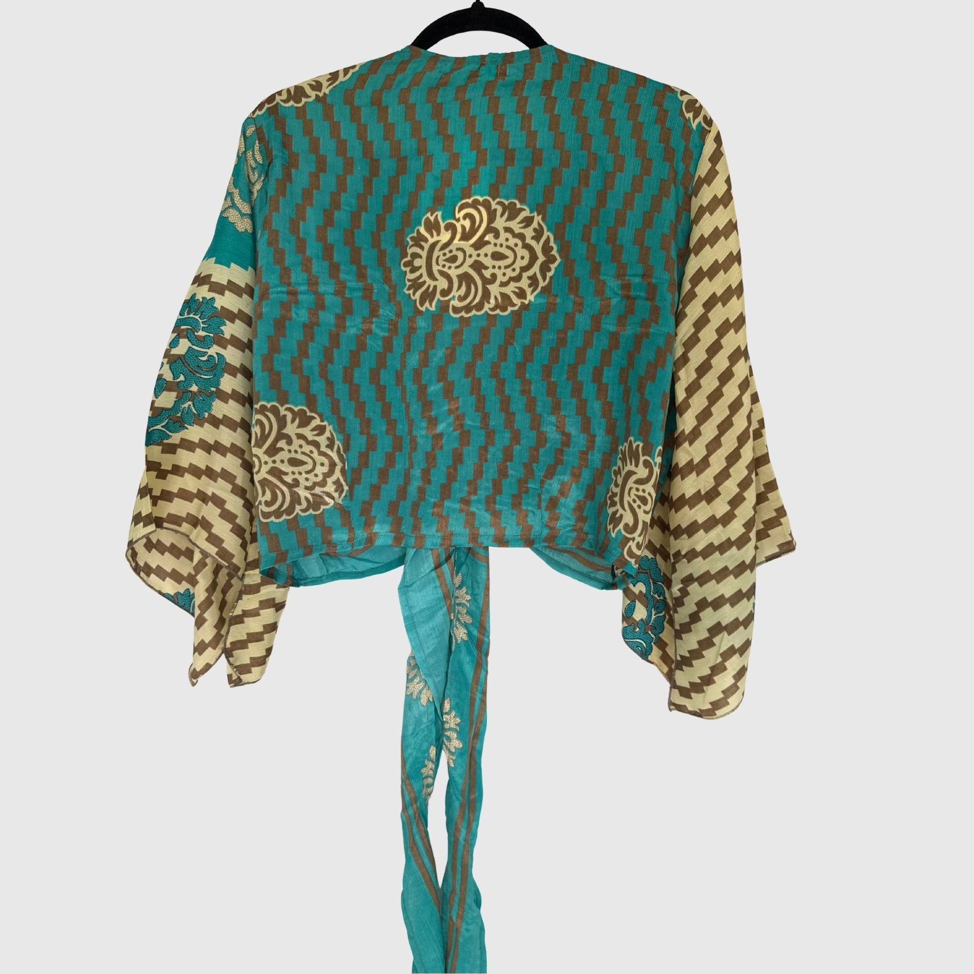 Upcycled Wickelbluse #931 aus Vintage-Sari in Türkis, Gelb & Braun – Rückansicht